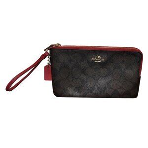 Coach Double Zip Brown & Red Signature Wristlet *SEE FLAWED last picture